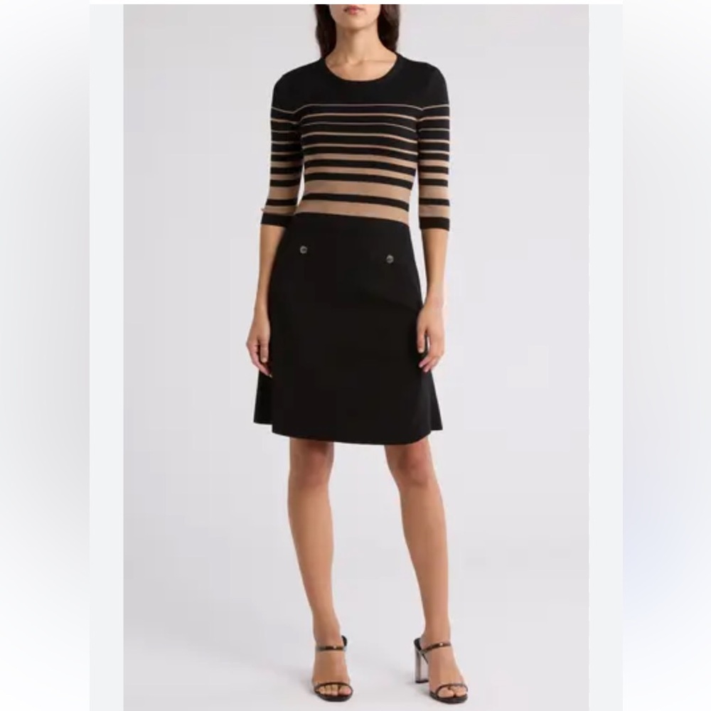 Ellen Tracy Knit Sweater Dress in Black w Tan Stripes 3/4 Sleeves Size Large NWT